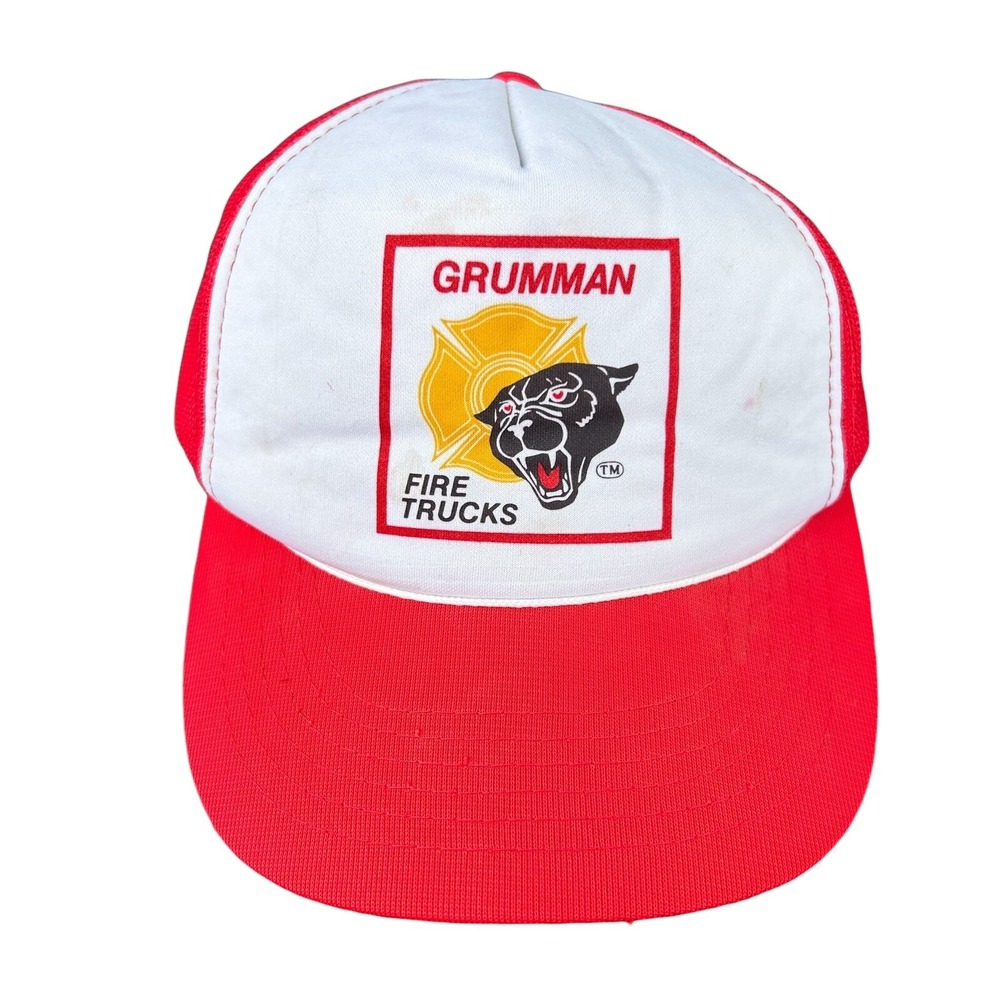 GRUMMAN Fire Trucks Red Mesh Trucker Cap Snapback‎ Hat Firefighting